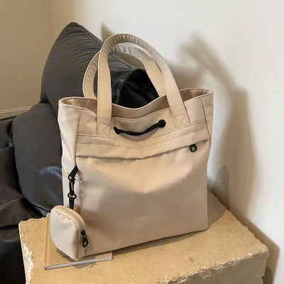 Women Fashion Casual Solid Color Large Capacity Nylon Cloth Drawstring Tote Bag