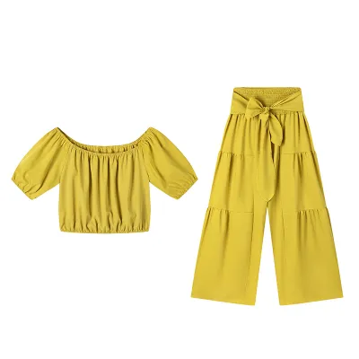 Women Fashion Casual Solid Color Short Sleeve Top And Wide Leg Pants Two-Piece Set