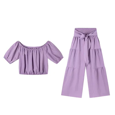 Women Fashion Casual Solid Color Short Sleeve Top And Wide Leg Pants Two-Piece Set