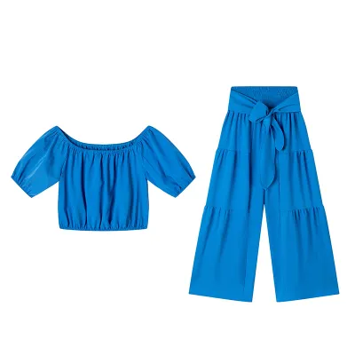 Women Fashion Casual Solid Color Short Sleeve Top And Wide Leg Pants Two-Piece Set