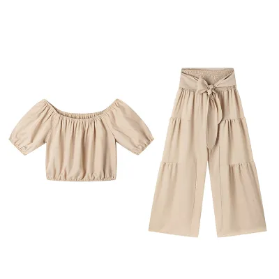 Women Fashion Casual Solid Color Short Sleeve Top And Wide Leg Pants Two-Piece Set