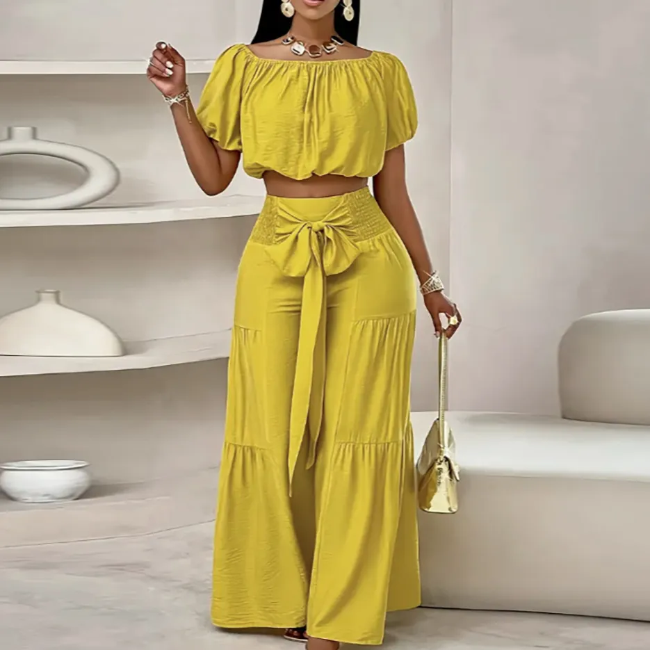 Women Fashion Casual Solid Color Short Sleeve Top And Wide Leg Pants Two-Piece Set