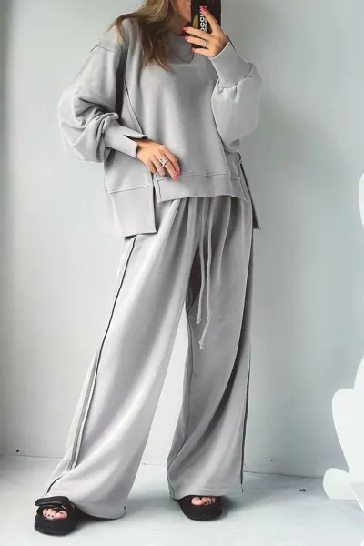 Autumn Women Casual Athleisure Solid Color Sweatshirt And Pants Two-Piece Set