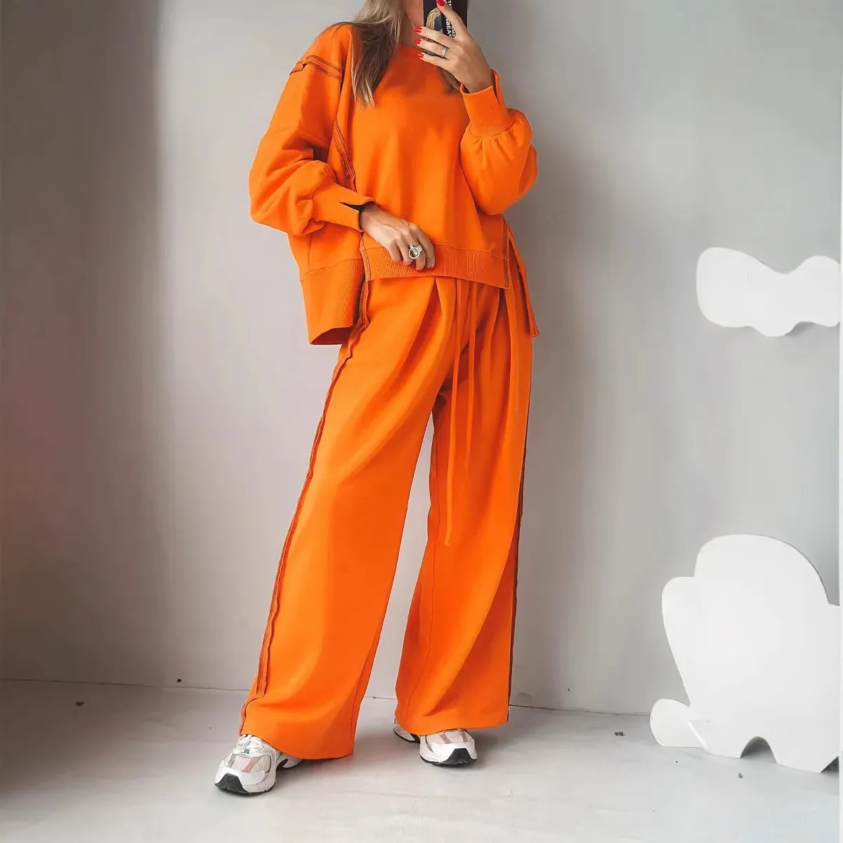 Autumn Women Casual Athleisure Solid Color Sweatshirt And Pants Two-Piece Set