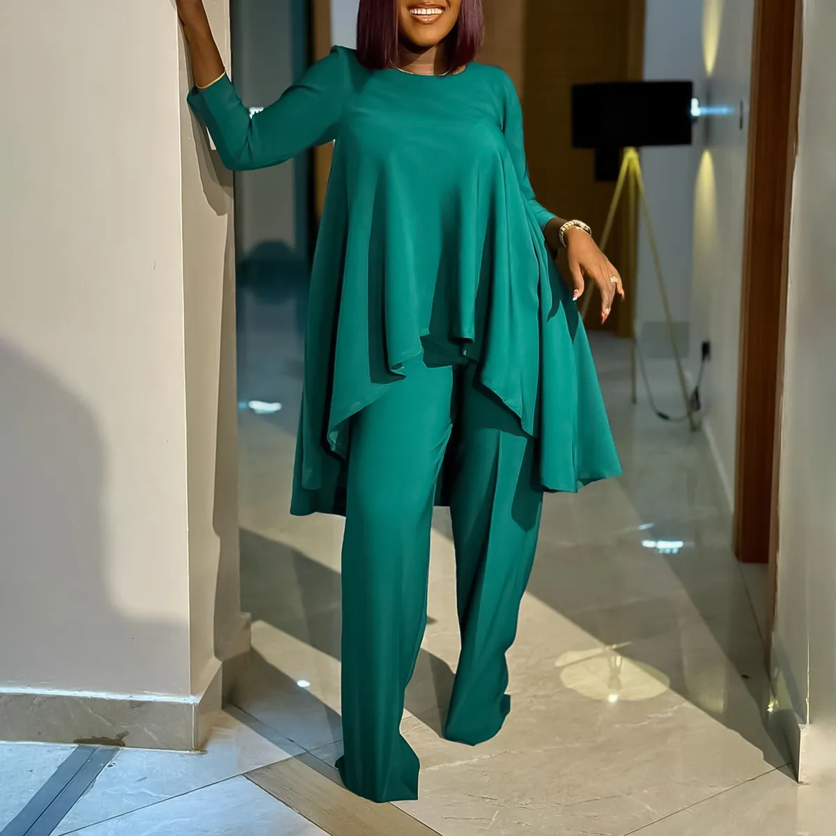 Autumn African Women Casual Fashion Loose Irregular Top And Pants Two-Piece Set