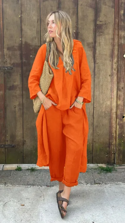 Autumn Large Size Women'S Casual Solid Color Cotton Linen Long Top And Pants Two-Piece Set