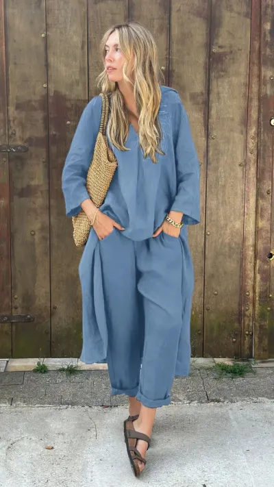 Autumn Large Size Women'S Casual Solid Color Cotton Linen Long Top And Pants Two-Piece Set