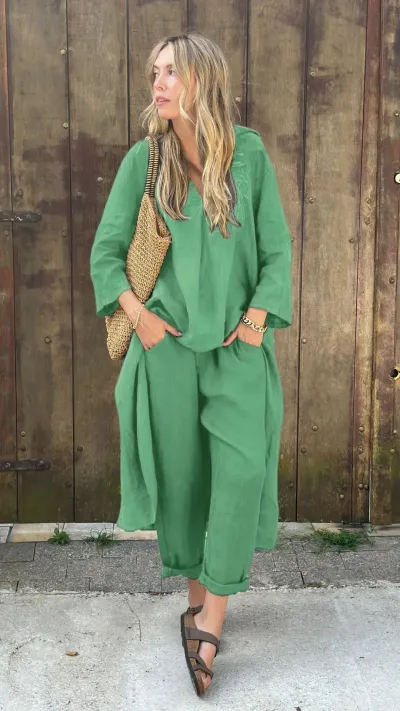 Autumn Large Size Women'S Casual Solid Color Cotton Linen Long Top And Pants Two-Piece Set
