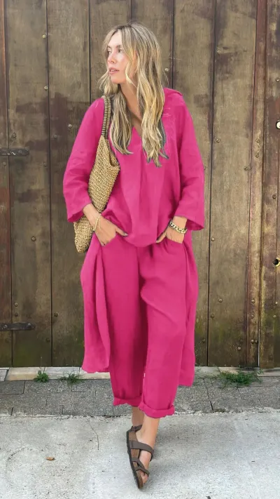 Autumn Large Size Women'S Casual Solid Color Cotton Linen Long Top And Pants Two-Piece Set