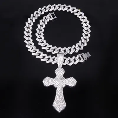 Street Hip Hop Style Alloy Rhinestone Cross Pendant Cuban Necklace