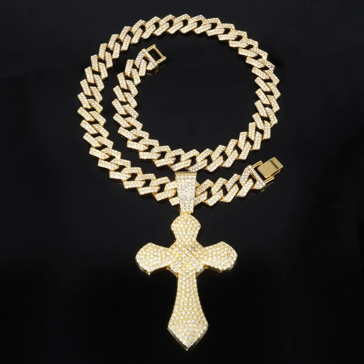 Street Hip Hop Style Alloy Rhinestone Cross Pendant Cuban Necklace
