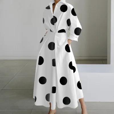 Autumn Women Office Casual Polka-Dot Printed Long-Sleeve Loose-Fit Maxi Dress