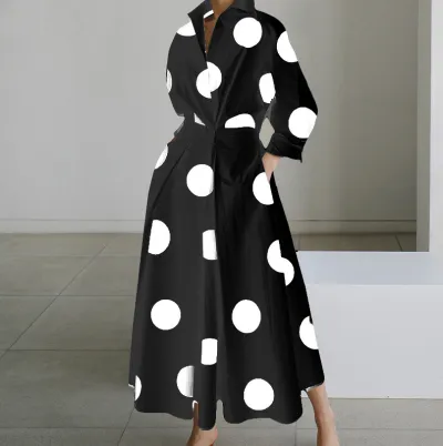 Autumn Women Office Casual Polka-Dot Printed Long-Sleeve Loose-Fit Maxi Dress