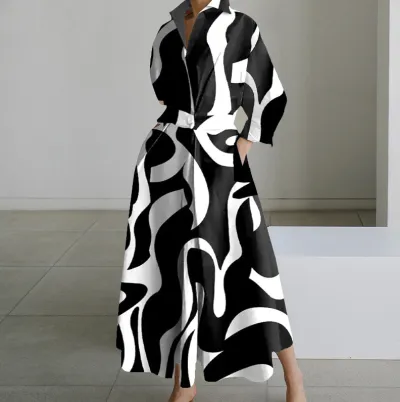 Autumn Women Office Casual Polka-Dot Printed Long-Sleeve Loose-Fit Maxi Dress