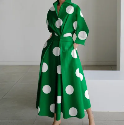 Autumn Women Office Casual Polka-Dot Printed Long-Sleeve Loose-Fit Maxi Dress