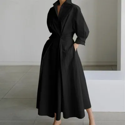 Autumn Women Office Casual Polka-Dot Printed Long-Sleeve Loose-Fit Maxi Dress