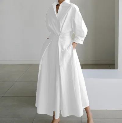 Autumn Women Office Casual Polka-Dot Printed Long-Sleeve Loose-Fit Maxi Dress