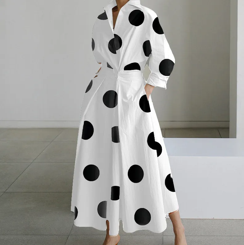 Autumn Women Office Casual Polka-Dot Printed Long-Sleeve Loose-Fit Maxi Dress