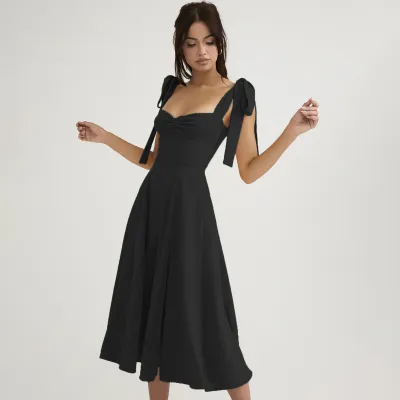 Women'S Fashion Casual Solid Color Strap Midi A- Line Dress