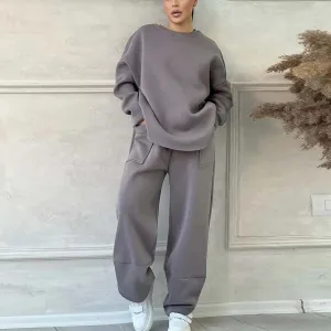 Autumn And Winter Women Casual Athleisure Solid Color Sweatshirt And Sweatpants Two-Piece Set