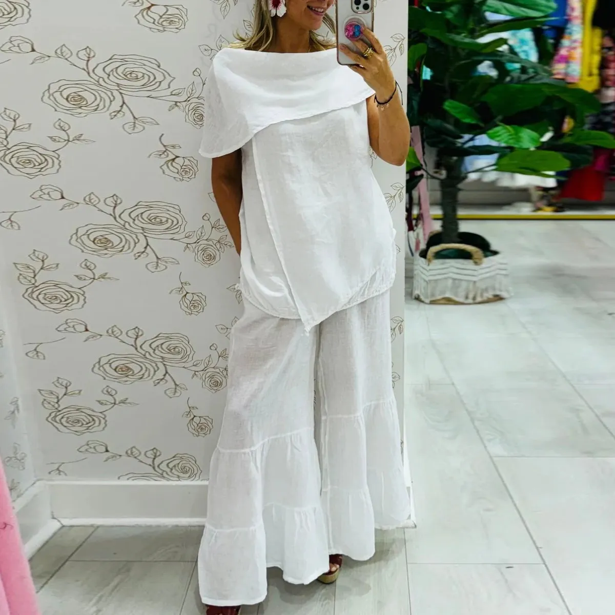 Women Casual Cotton Linen Loose Top And Pants Two-Piece Set