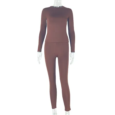 Autumn Fashion Women Sexy Solid Color Long Sleeve Top And Pants Two-Piece Set