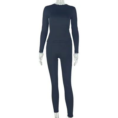 Autumn Fashion Women Sexy Solid Color Long Sleeve Top And Pants Two-Piece Set