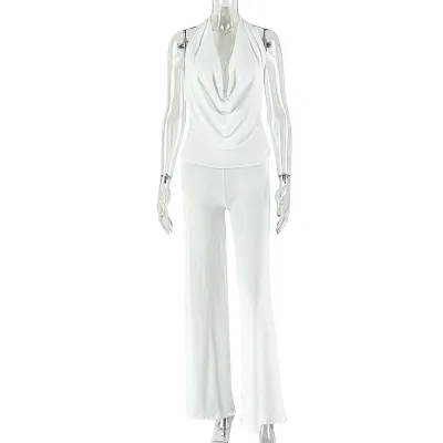 Women Fashion Solid Color Cowl Neck Top And Pants Two-Piece Set