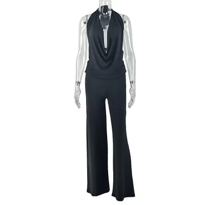 Women Fashion Solid Color Cowl Neck Top And Pants Two-Piece Set