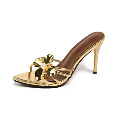 Fashion Women Pointed Floral Heeled Slippers