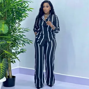 Autumn Women Casual Fashion Stripe Shirt And Pants Two-Piece Set