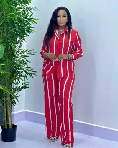 Autumn Women Casual Fashion Stripe Shirt And Pants Two-Piece Set