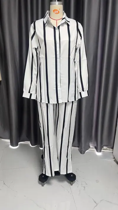 Autumn Women Casual Fashion Stripe Shirt And Pants Two-Piece Set