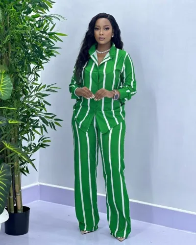 Autumn Women Casual Fashion Stripe Shirt And Pants Two-Piece Set