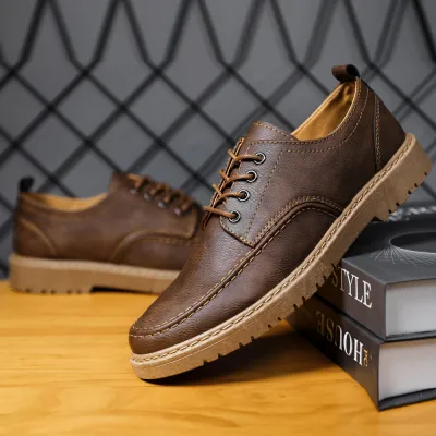 Men Fashion Casual Simple Solid Color Lace-Up Leather Shoes