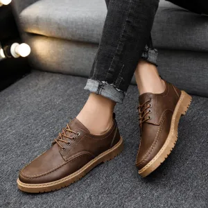 Men Fashion Casual Simple Solid Color Lace-Up Leather Shoes