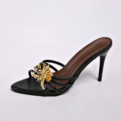 Women Fashion Metal Floral Heeled Slippers