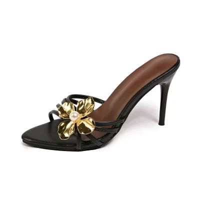 Women Fashion Metal Floral Heeled Slippers