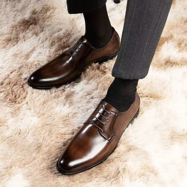 Men Fashion Casual Business Wood Grain Lace-Up Leather Shoes