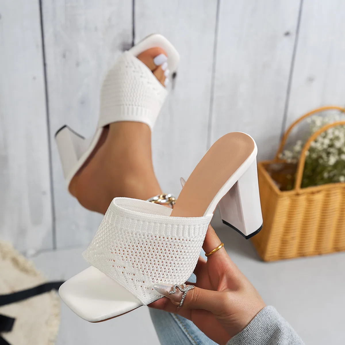 Women Plus Size Fashionable Square-Head Heeled Slippers