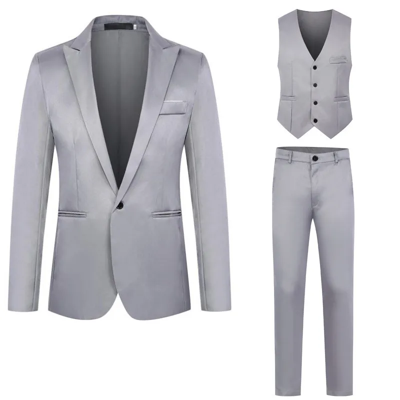 Men'S Fashion Business Casual Long-Sleeve Coat Vest Slim-Fit Pants Suit Three-Piece Set