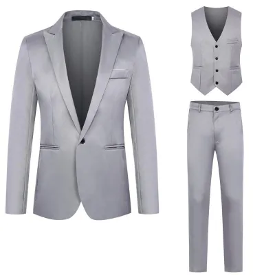 Men'S Fashion Business Casual Long-Sleeve Coat Vest Slim-Fit Pants Suit Three-Piece Set