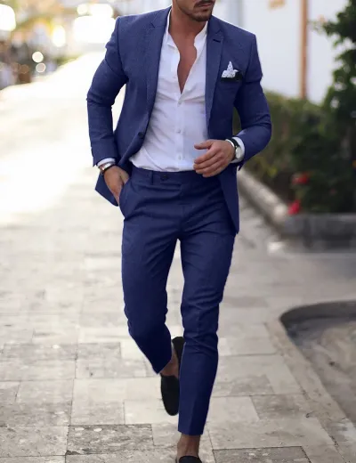 Men'S Fashion Casual Business Solid Color Long-Sleeve Coat Slim-Fit Pants Suit Two-Piece Set