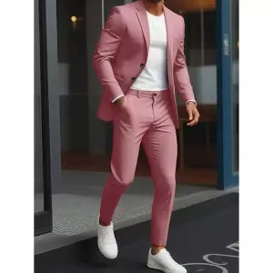 Men'S Fashion Casual Business Solid Color Long-Sleeve Coat Slim-Fit Pants Suit Two-Piece Set