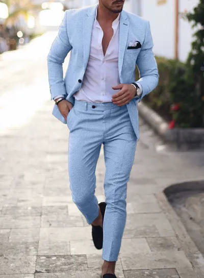 Men'S Fashion Casual Business Solid Color Long-Sleeve Coat Slim-Fit Pants Suit Two-Piece Set