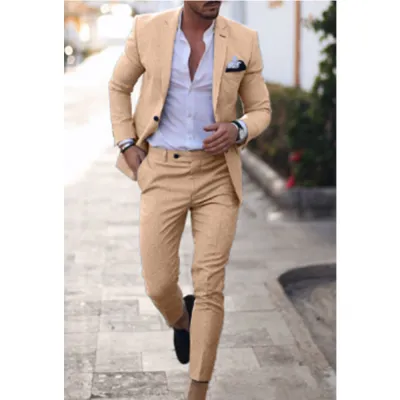 Men'S Fashion Casual Business Solid Color Long-Sleeve Coat Slim-Fit Pants Suit Two-Piece Set