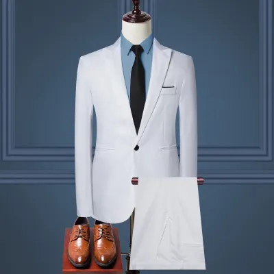 Men'S Fashion Casual Wedding Party Solid Color Long-Sleeve Coat Pants Suit Two-Piece Set