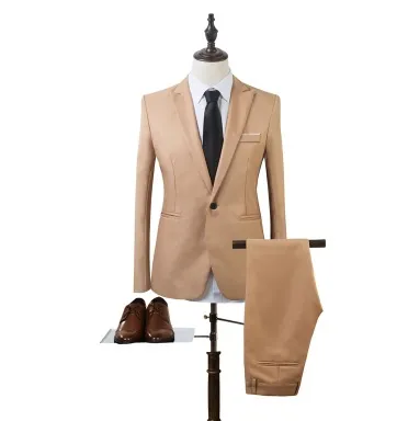 Men'S Fashion Casual Wedding Party Solid Color Long-Sleeve Coat Pants Suit Two-Piece Set
