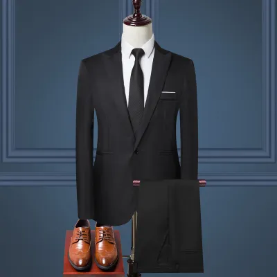 Men'S Fashion Casual Wedding Party Solid Color Long-Sleeve Coat Pants Suit Two-Piece Set