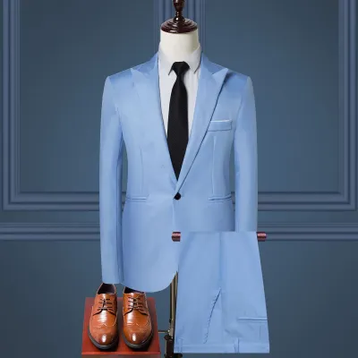 Men'S Fashion Casual Wedding Party Solid Color Long-Sleeve Coat Pants Suit Two-Piece Set